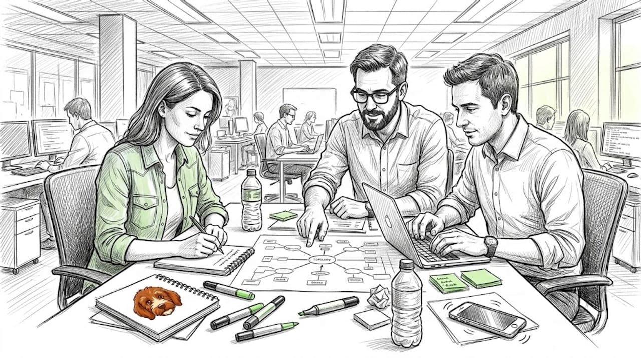 Team collaborating on distributed system diagram