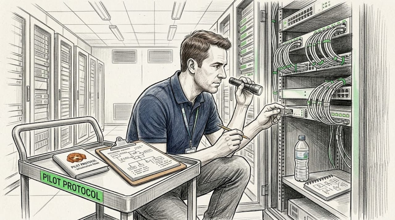 IT specialist inspecting server room security