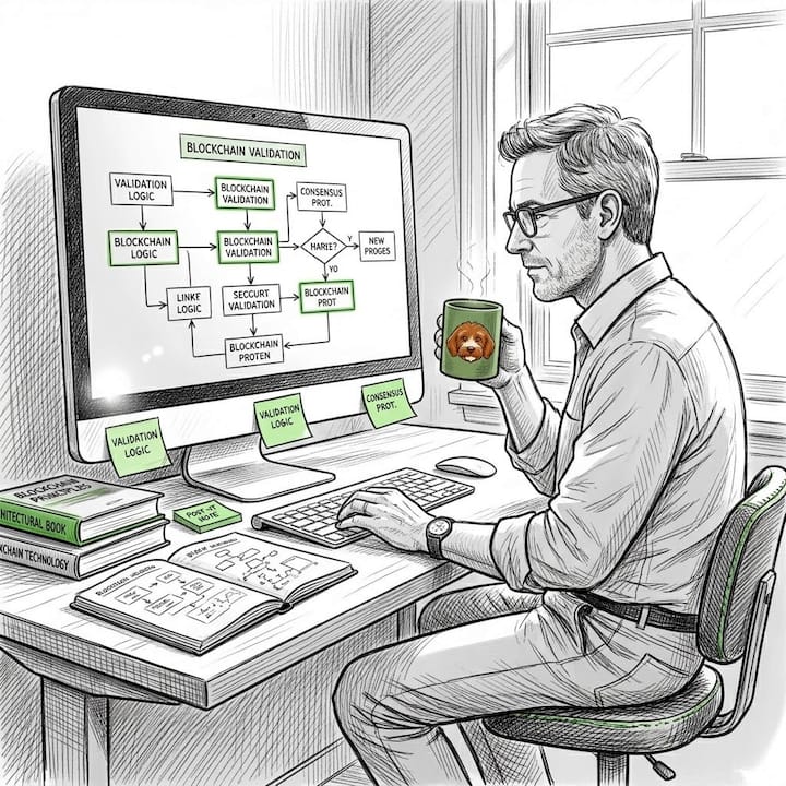 Architect reviewing blockchain validation flowcharts
