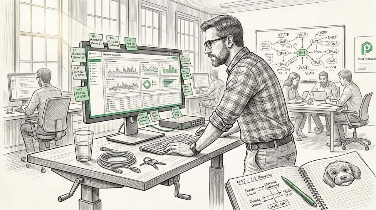 Administrator troubleshooting network amid open workspace