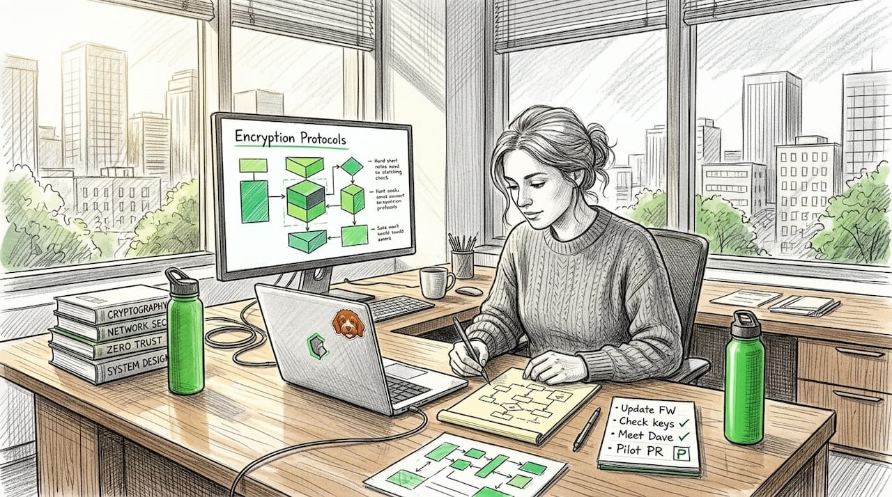 Engineer sketching encryption protocol diagram