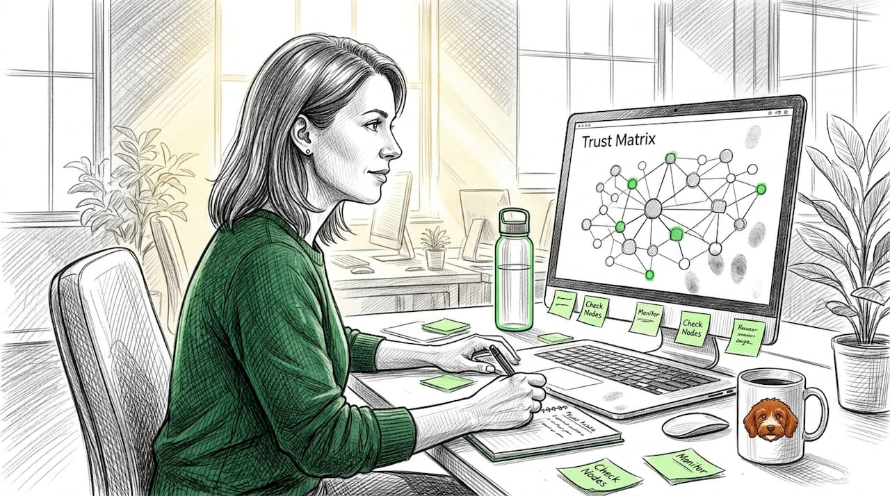 Woman reviewing AI agent network trust diagram
