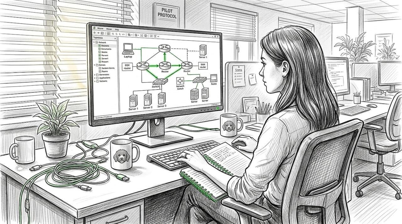 Engineer reviewing network system diagram at desk