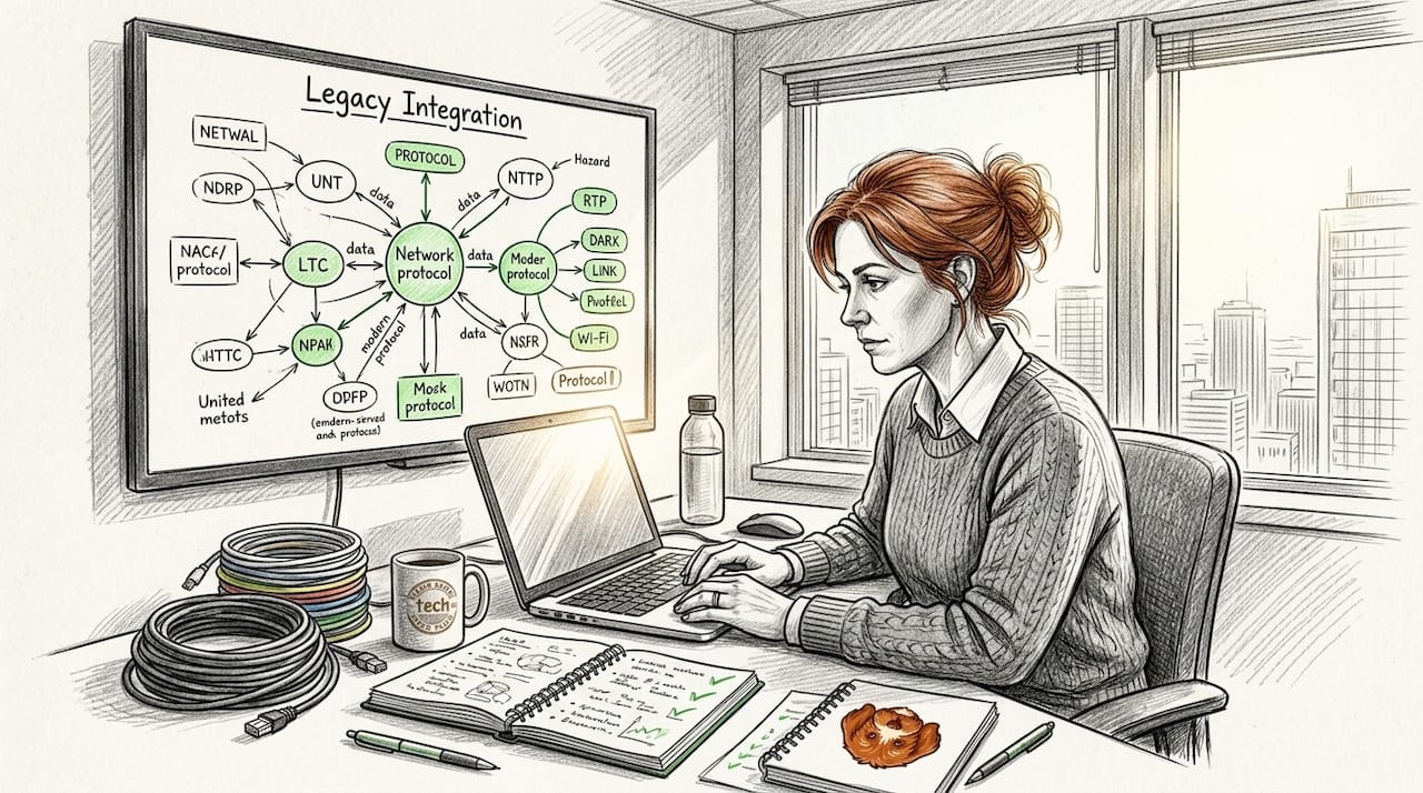 IT manager reviewing protocol integration diagram
