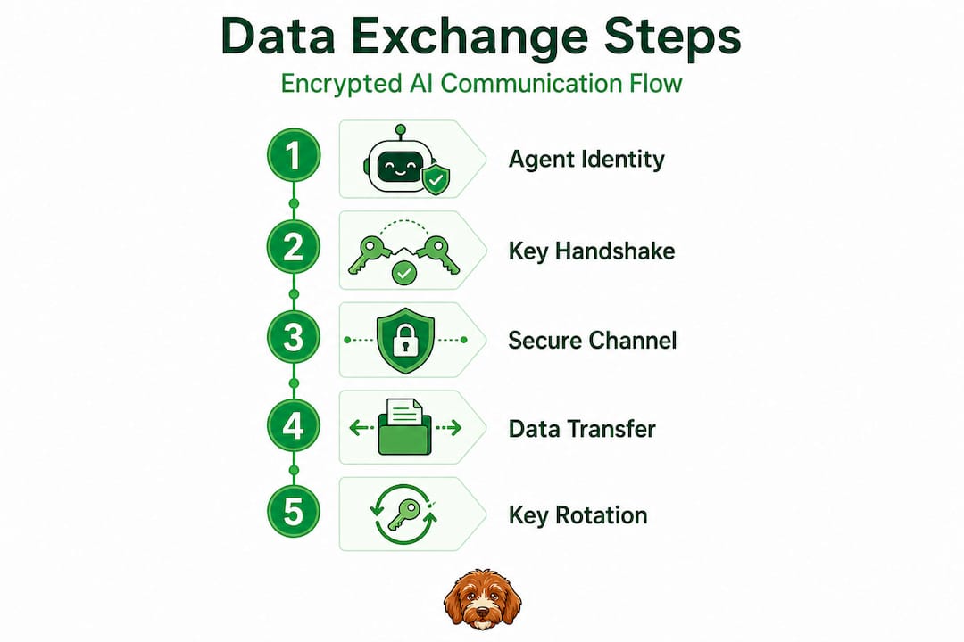 Infographic of encrypted AI data exchange steps