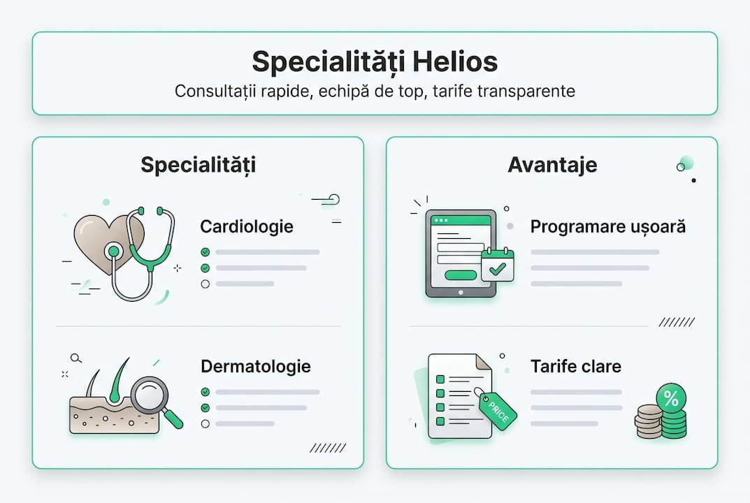 Prezentare vizuală a specialităților Helios și beneficiile lor