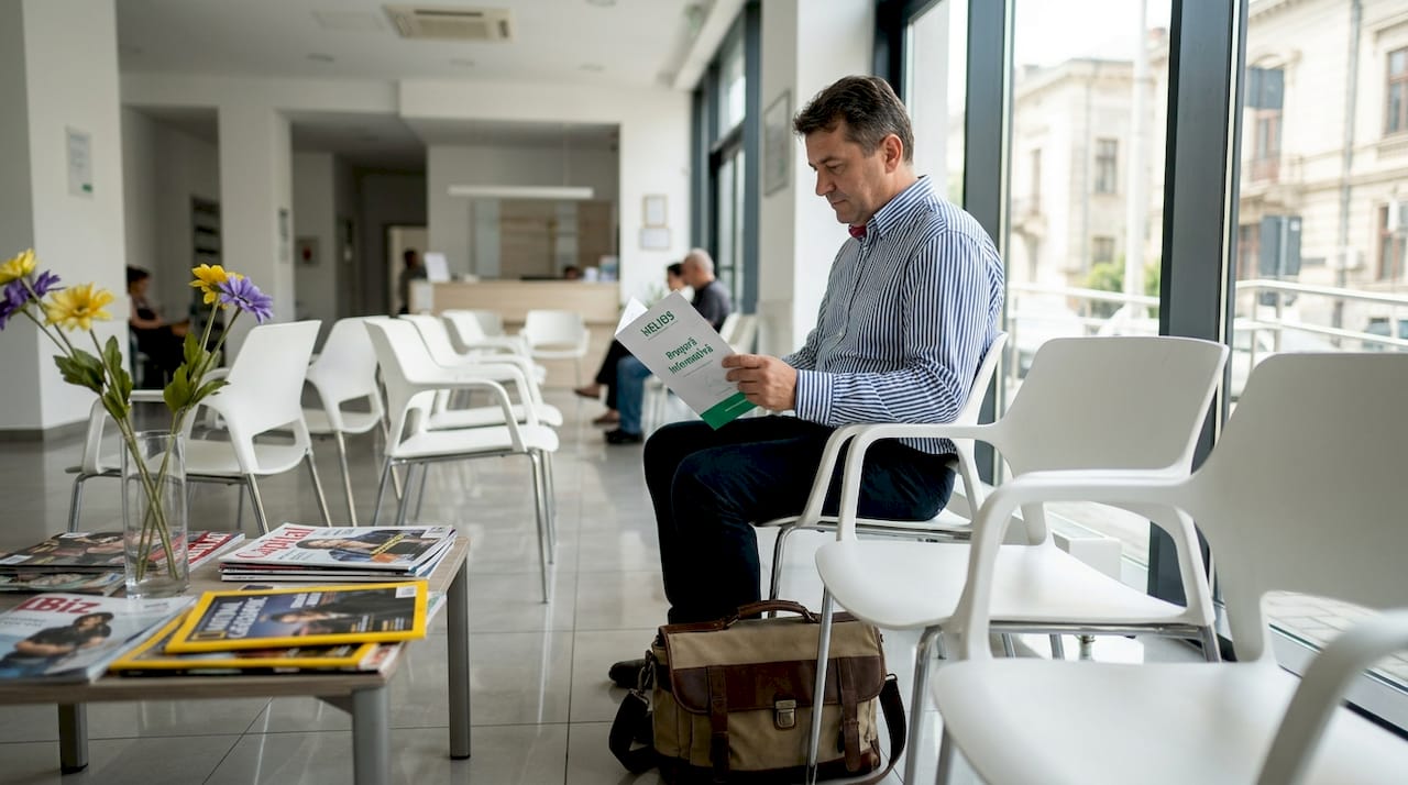 Un pacient stă liniștit în sala de așteptare și răsfoiește o broșură informativă