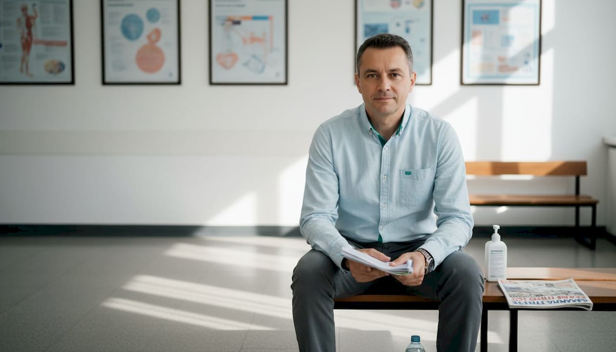 Un adult care își așteaptă rândul la clinică pentru un control de rutină.