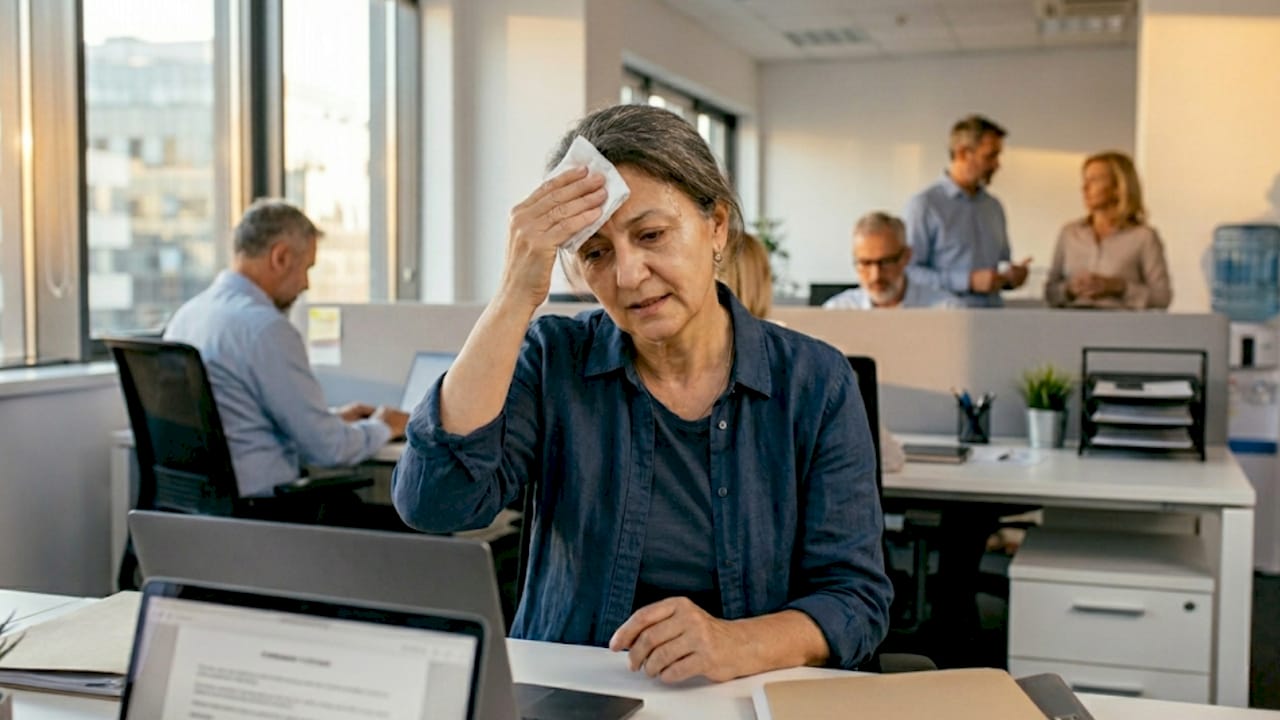 O femeie care se confruntă cu bufeuri în timp ce gătește, stând lângă un ventilator pentru a se răcori.