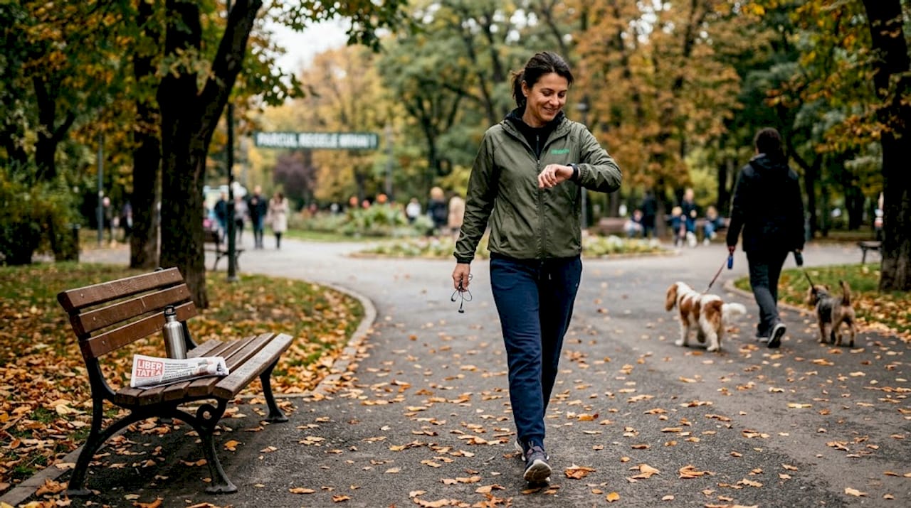O femeie face o plimbare prin parc pentru a se menține în formă.