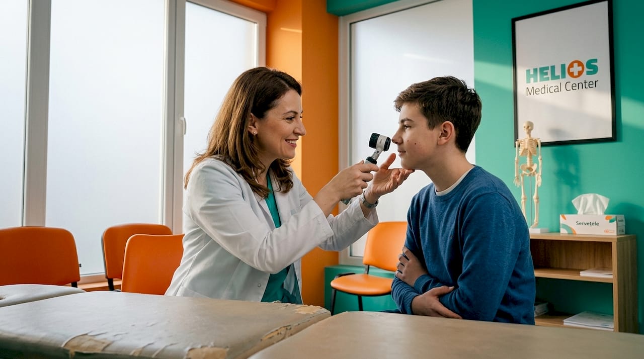 Dermatologul îi examinează cu grijă obrazul pacientului, acordând atenție fiecărui detaliu.