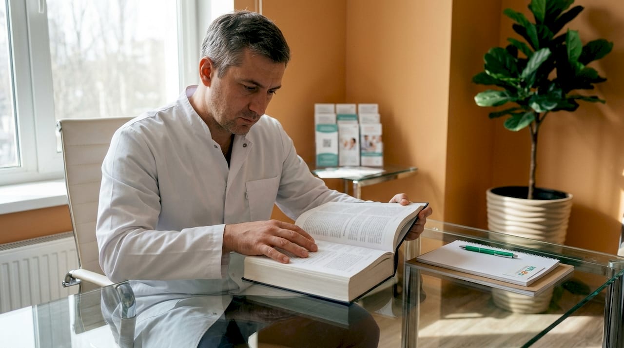 Medicul consultă un manual de evidențe clinice