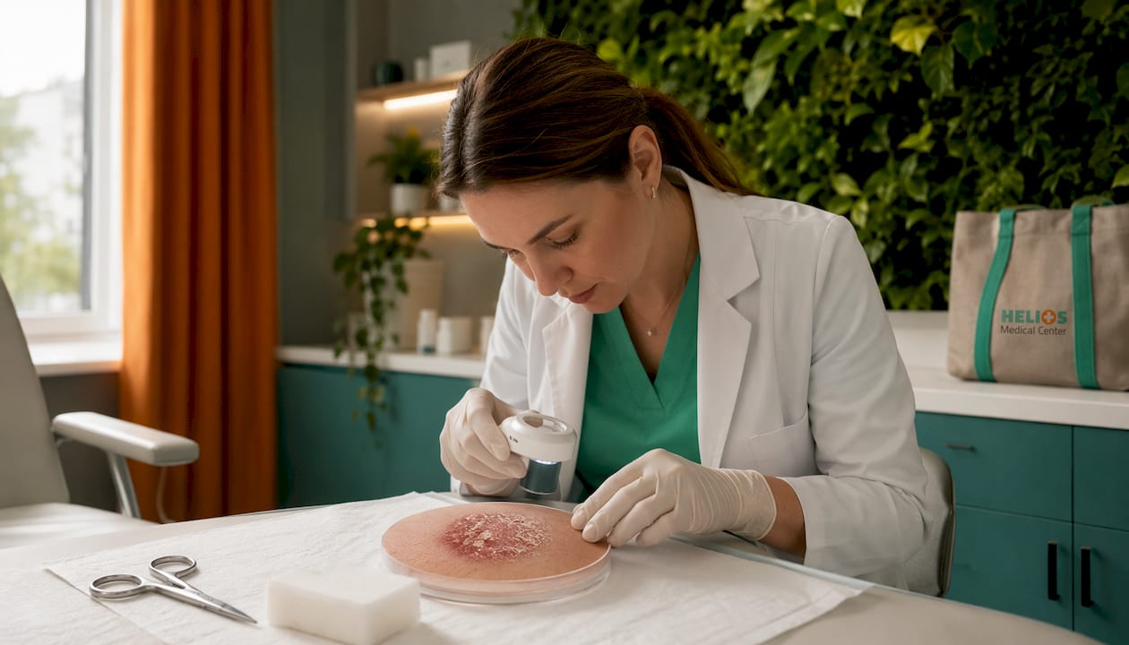 Imagine detaliată a pielii afectate de o infecție fungică