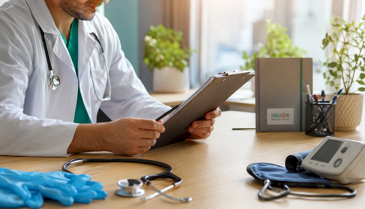 Un medic pregătit să evalueze sănătatea inimii, având la îndemână instrumente specifice investigațiilor cardiologice