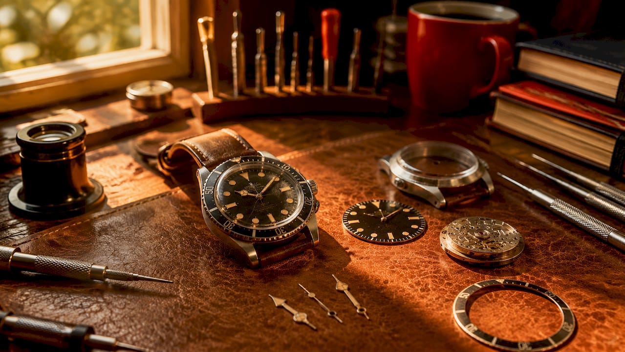 Vintage Rolex Submariner watch parts close-up