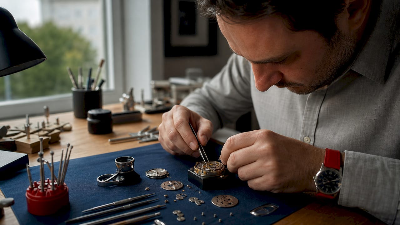 Hands assembling Gerald Genta watch mechanism