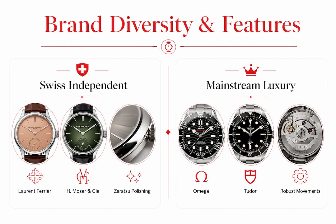 Infographic comparing watch brand categories and key technical features