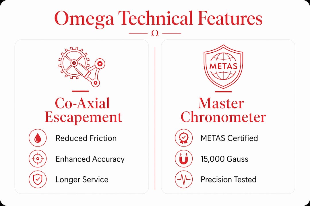 Infographic comparing Omega Co-Axial Escapement and Master Chronometer
