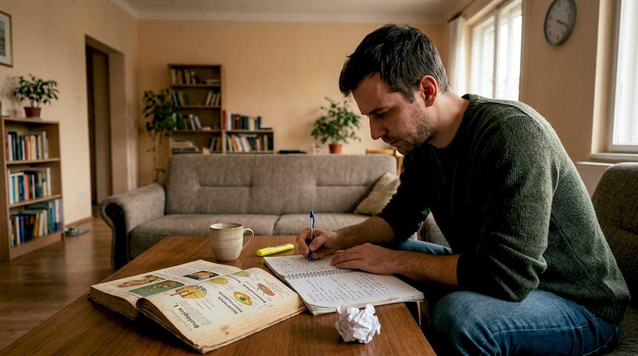 Egy férfi éppen egy biológia tankönyvet böngész, és a receptorok működéséről olvas.