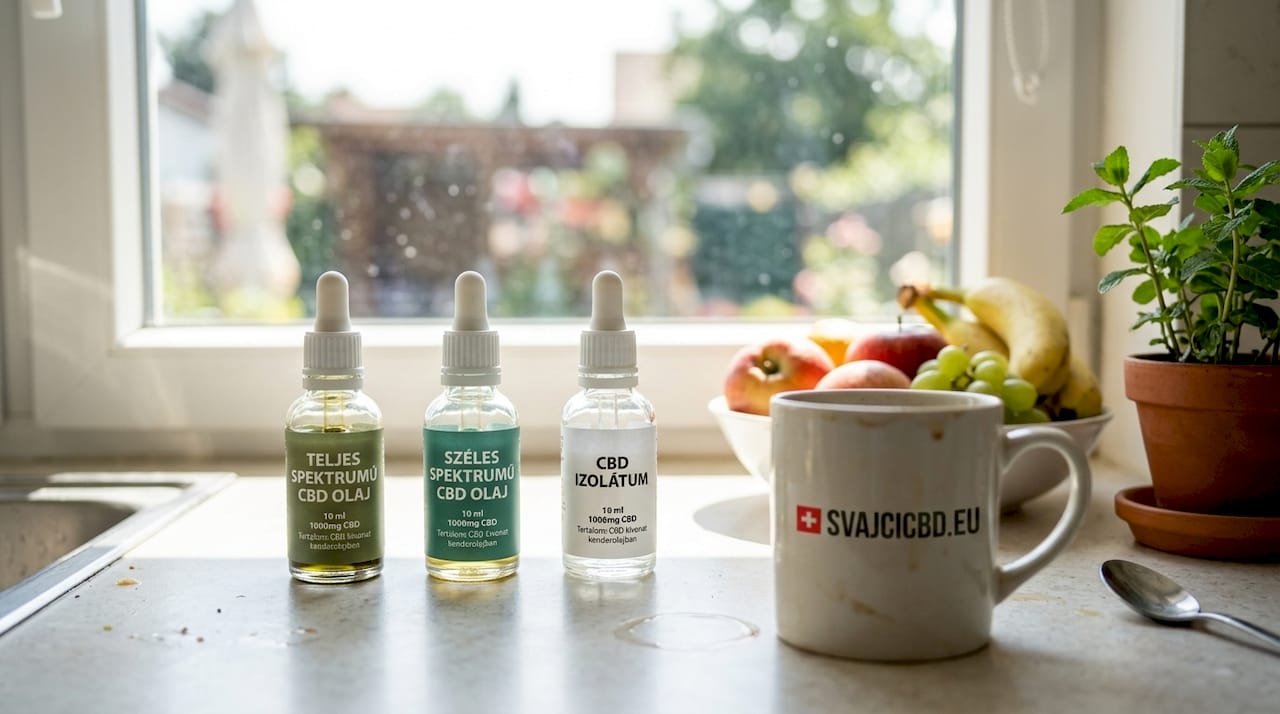 Háromféle spektrumú CBD olaj elegáns üvegcséi sorakoznak a konyhapulton.