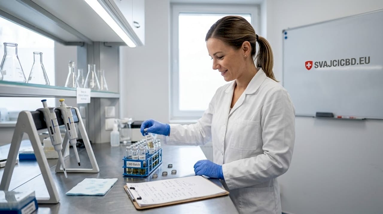 A laboráns CBD-mintákat vizsgál az üvegcsékben.