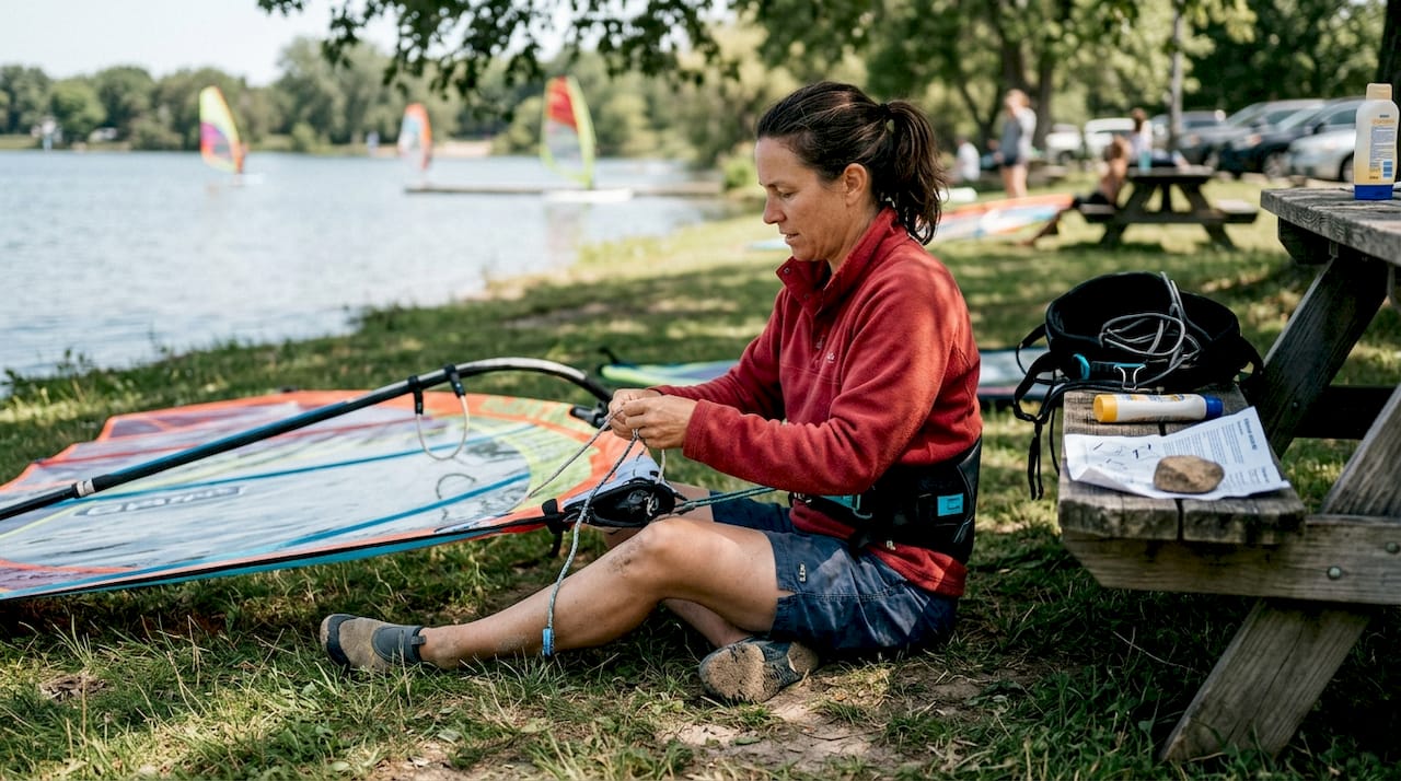 Windsurfer adjusting sail rigging lakeside