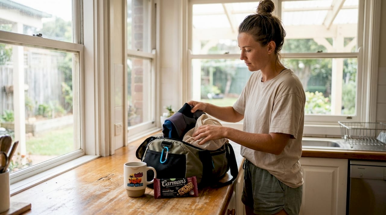Woman packing sustainable surfwear in kitchen