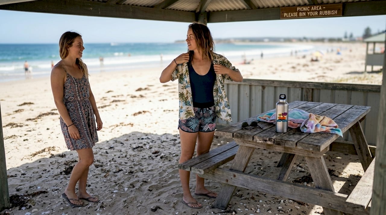 Woman adding tropical shirt at beach table