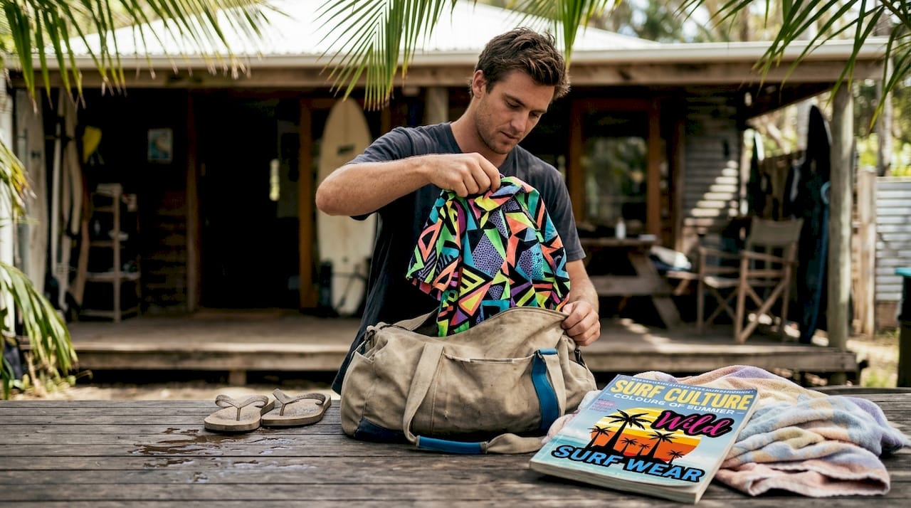 Man unpacking bright classic surf shirt outdoors