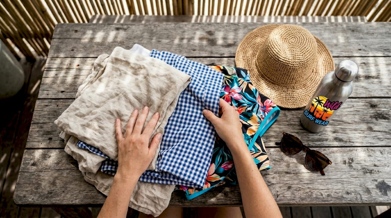 Hands sorting various beachwear fabric types
