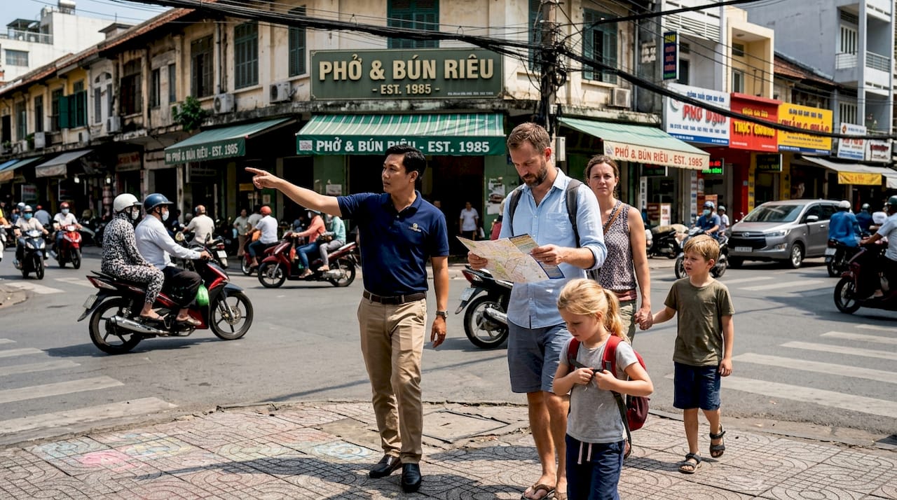 Tour guide helping family cross busy street