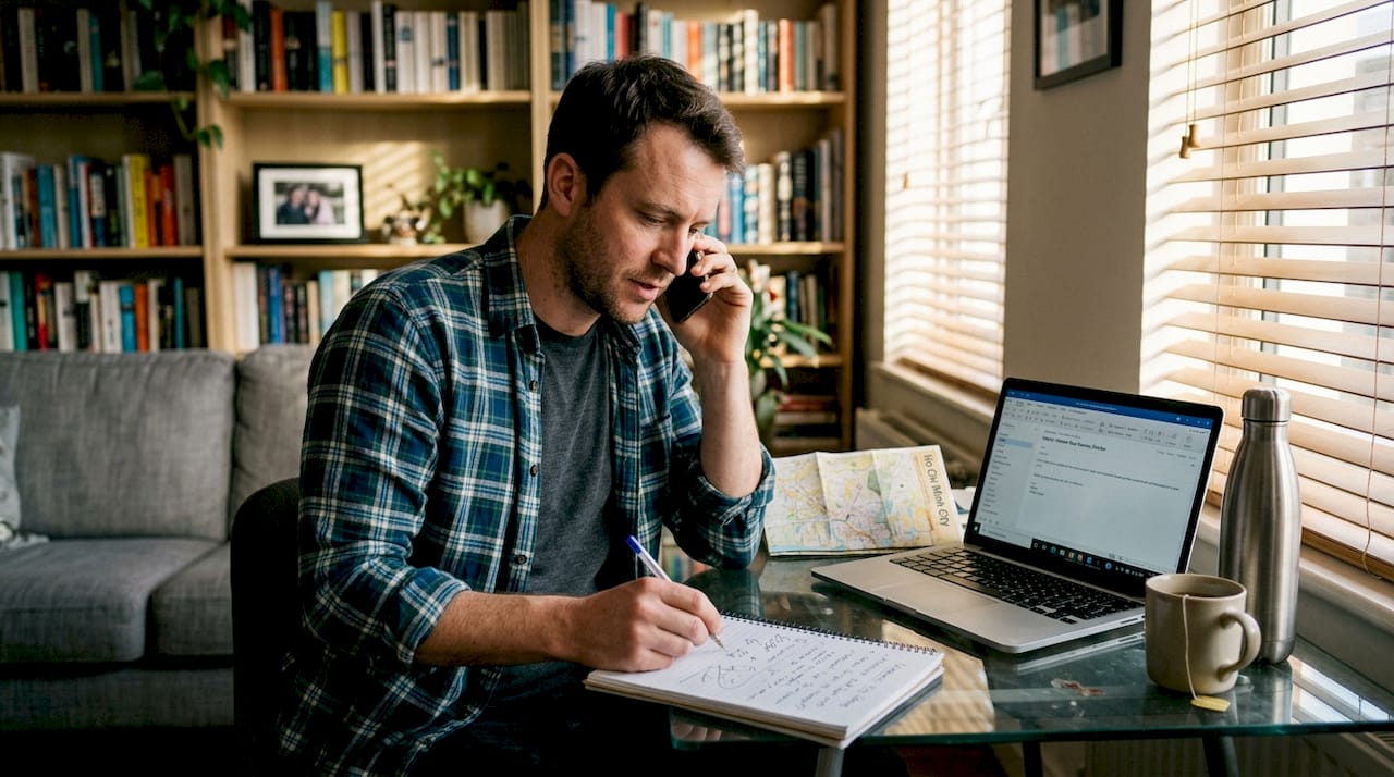 Man calling Vietnam tour operator at desk