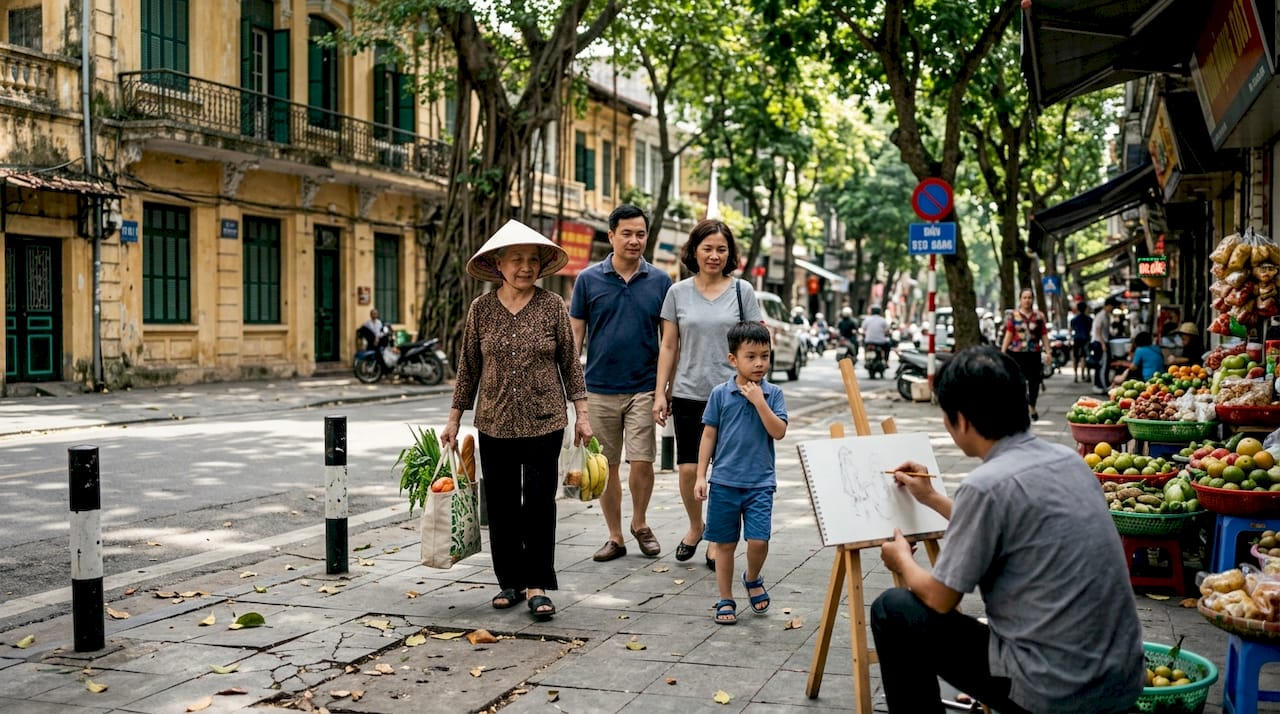 Family walking Hanoi street cityscape scene