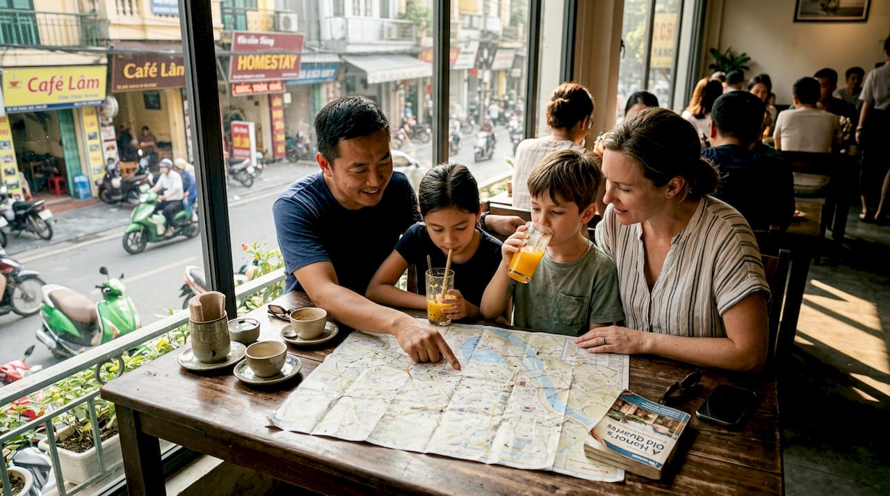 Family group planning Vietnam city adventure