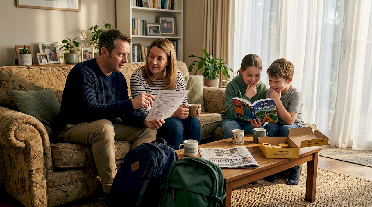 Family checking holiday booking at home