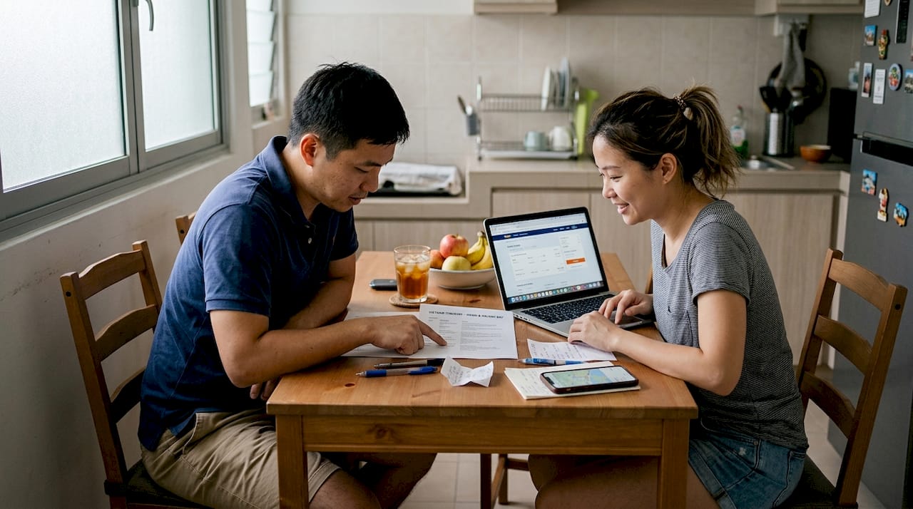Couple planning Vietnam tour at kitchen table