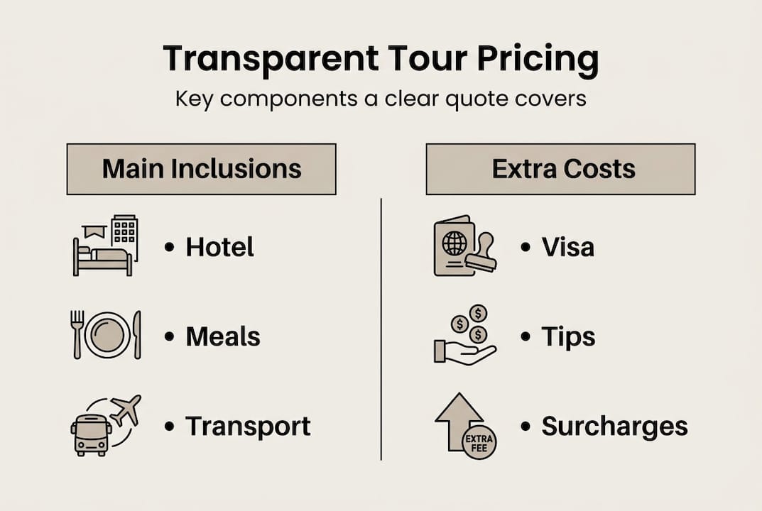 Infographic with transparent tour pricing versus extra costs