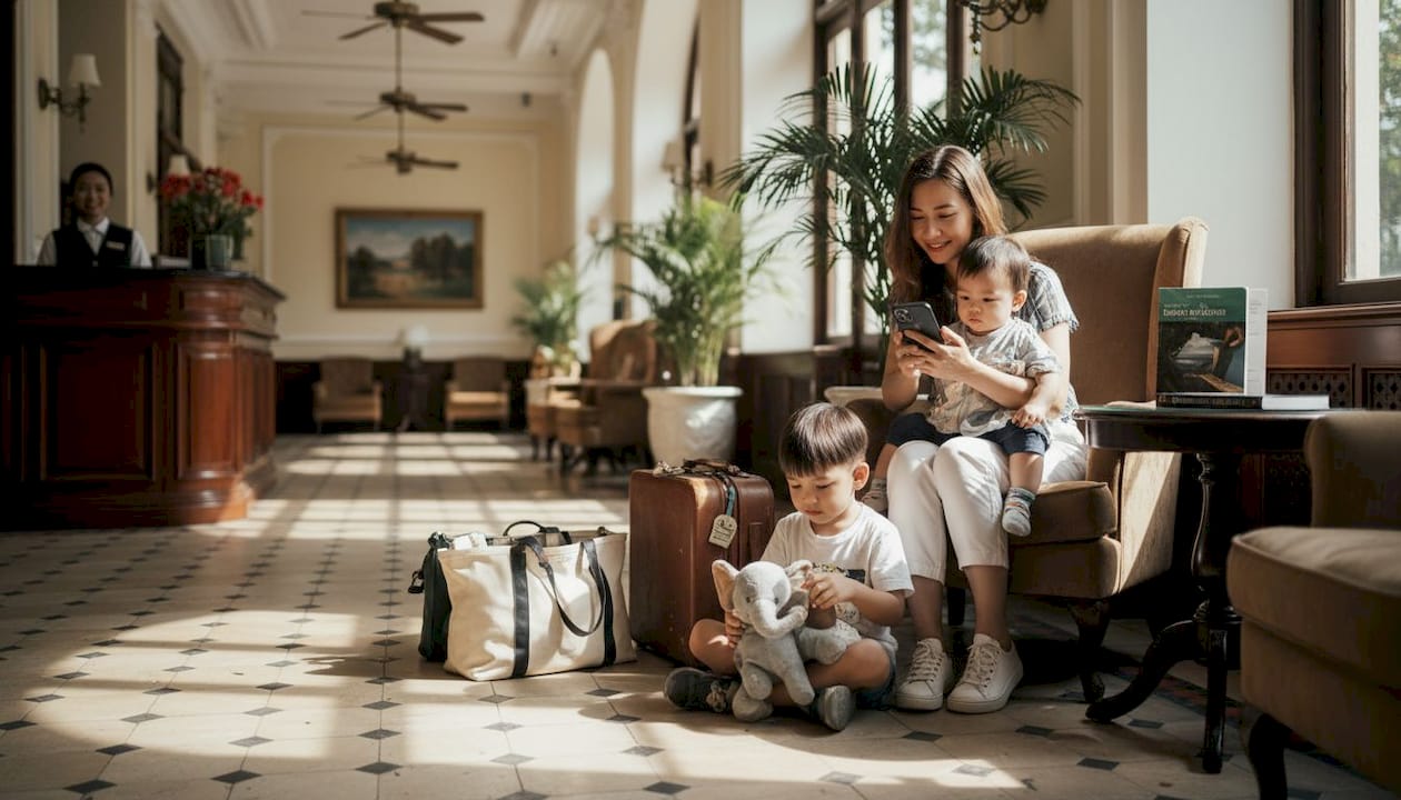 Mother and children waiting in hotel lobby
