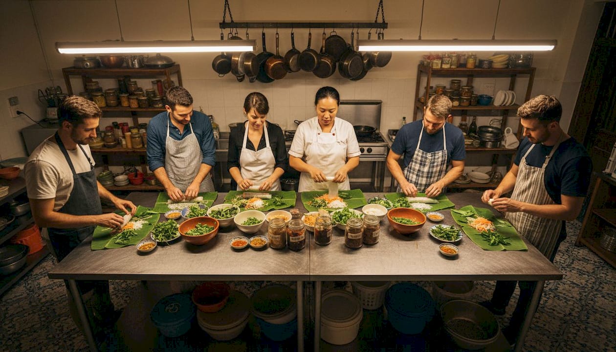 Travelers learning to cook in Vietnamese kitchen