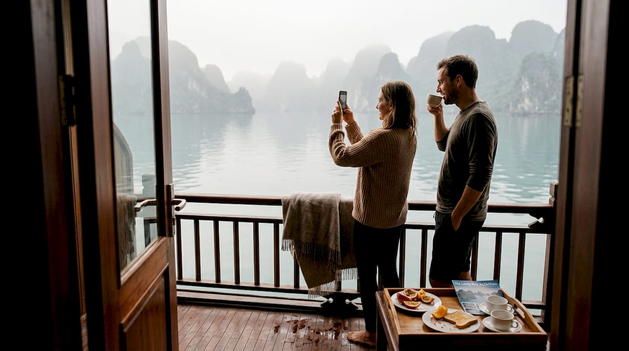 Couple views dawn from cruise balcony