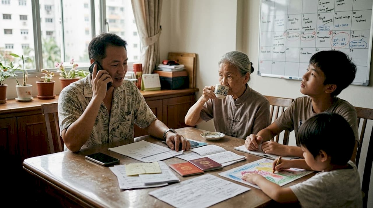 Family discusses travel changes around dining table