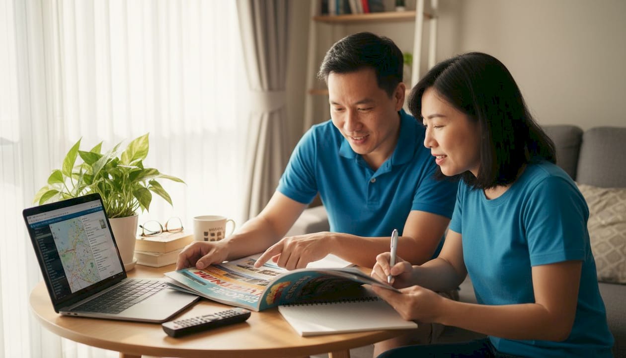 Couple reviews Vietnam tour with laptop and brochure
