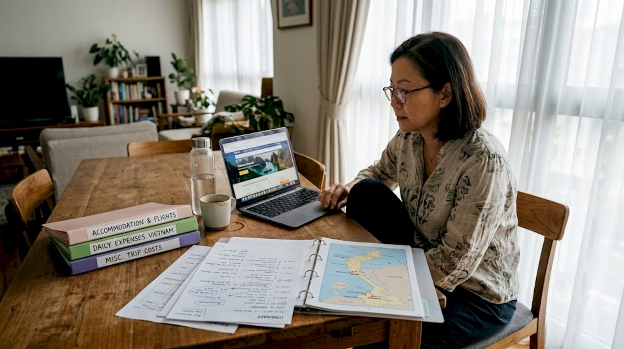 Woman researching Vietnam trip at table