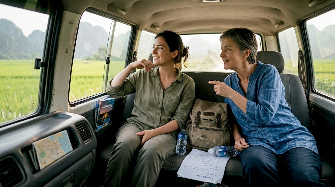 Travellers enjoying countryside on Vietnam journey