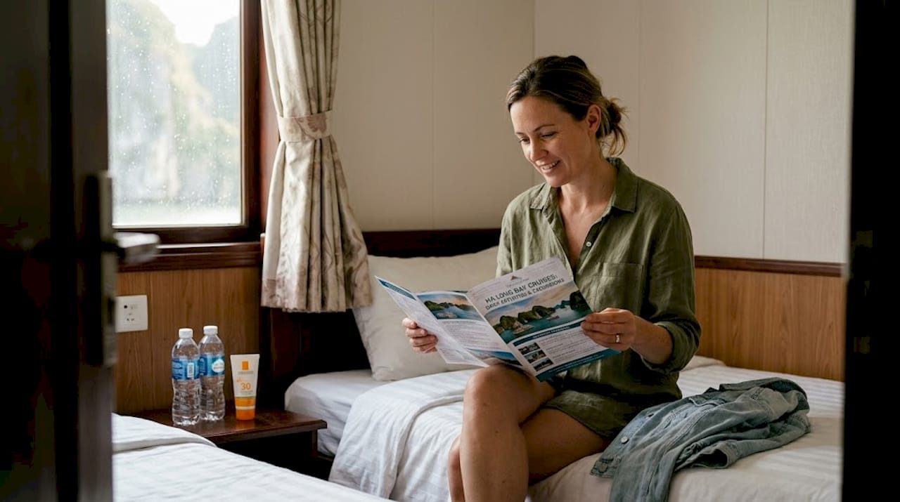 Traveler reading cruise activity schedule