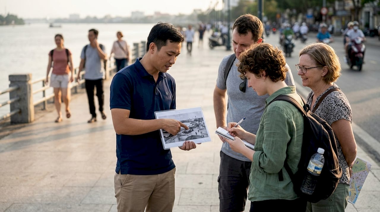 Local guide with group by Vietnam riverside