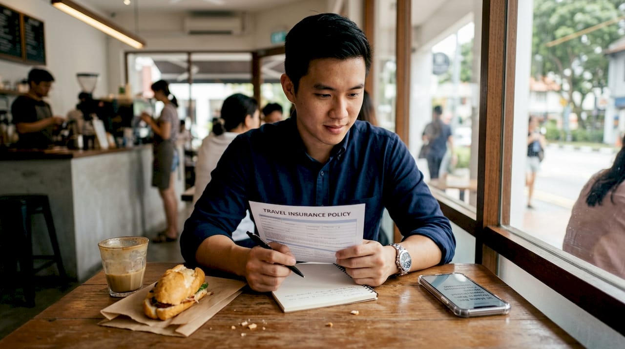 Traveler reviewing insurance policy at café