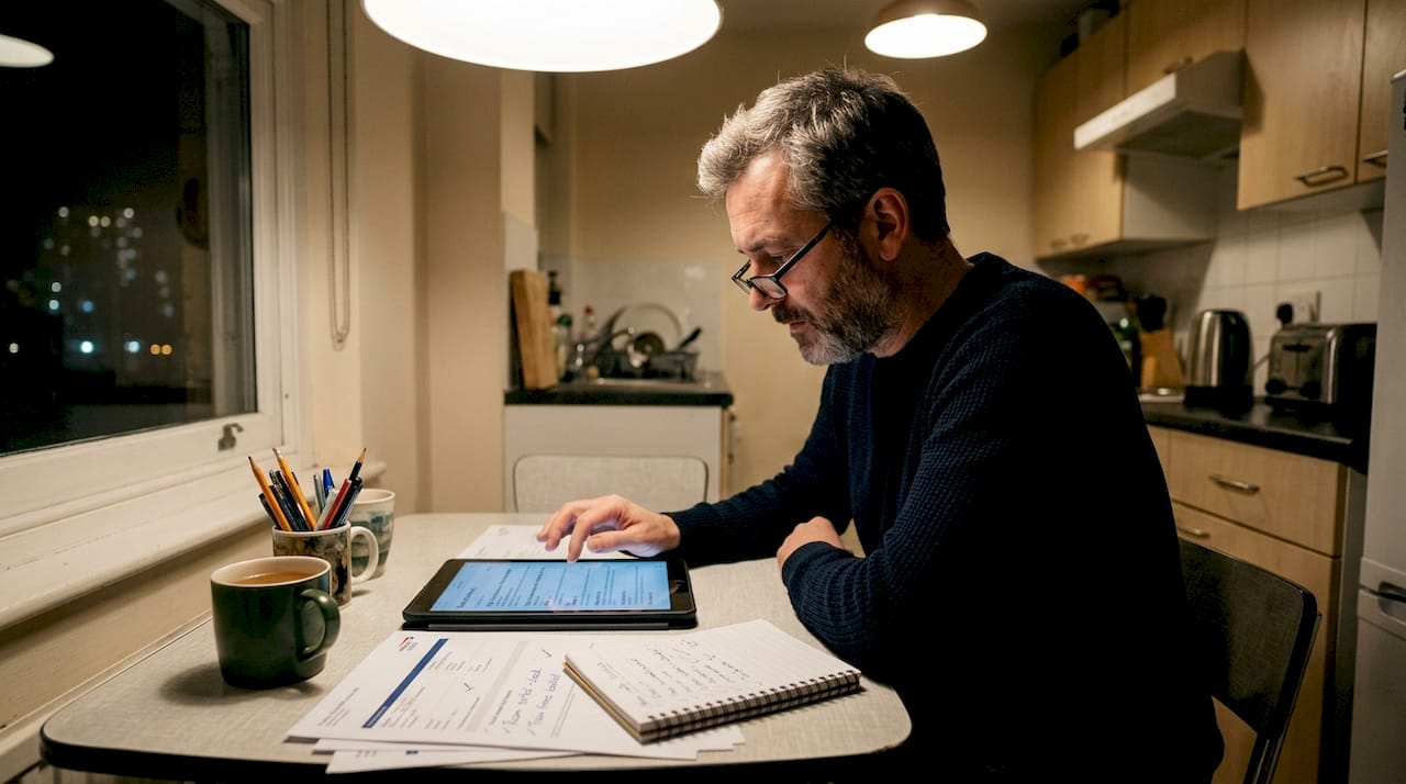 Man reviewing travel confirmations at kitchen table
