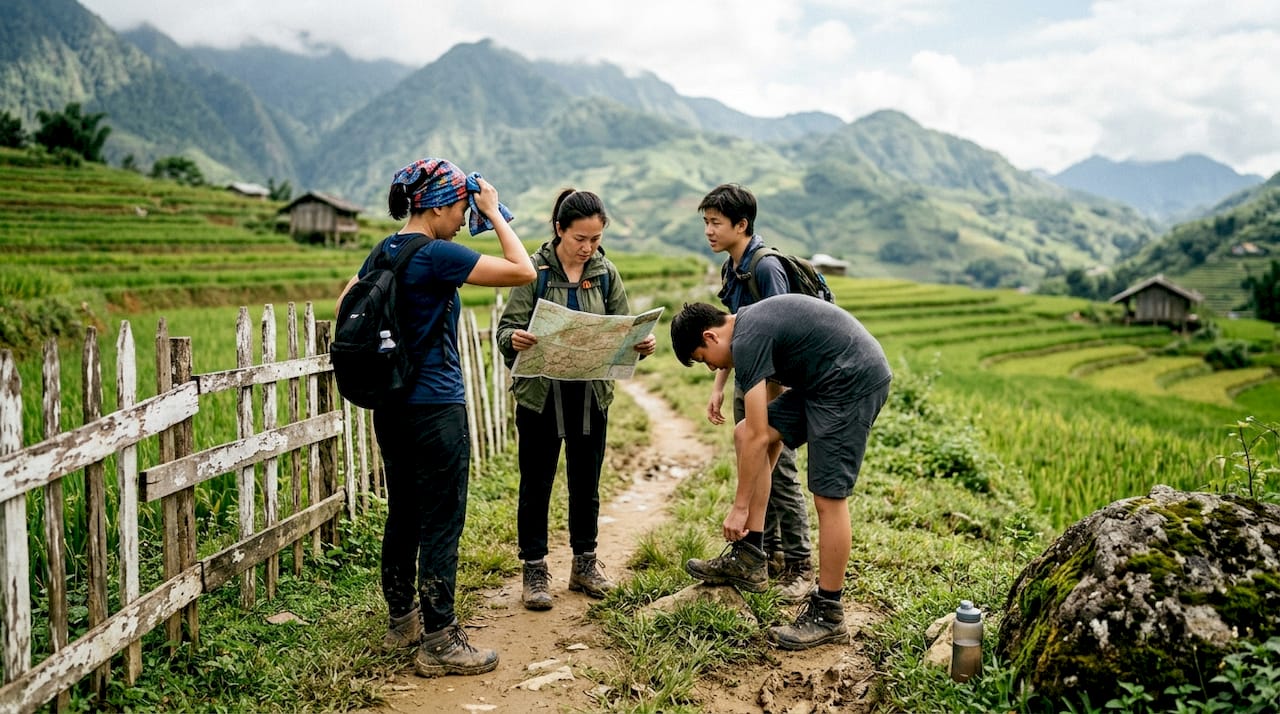 Tour group trekking in Sapa hills
