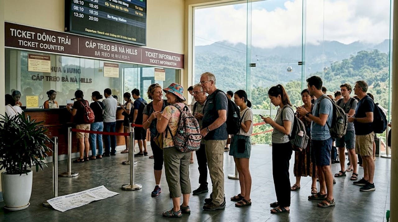 Cable car queue at Ba Na Hills station